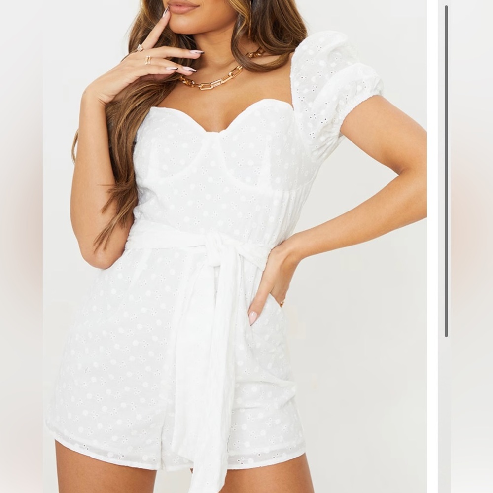 PrettyLittleThing White Puff Sleeve Eyelet Romper
